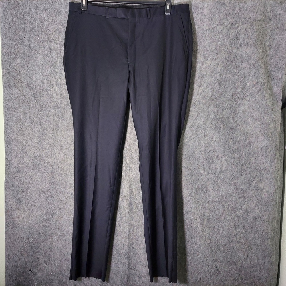 Kenneth Cole Dress Pants Men 42 Long Navy 100% Wool Slim Fit Trousers Flat Front